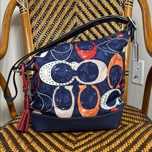 Rare Coach Navy Multi Signature Print Hobo Bag with Red Tassel